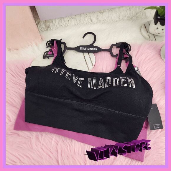 💕 NWT Steve Madden 2 Pack Bralettes Black & Lavender Rhinestone Sz L #7137 💕 - Picture 1 of 6